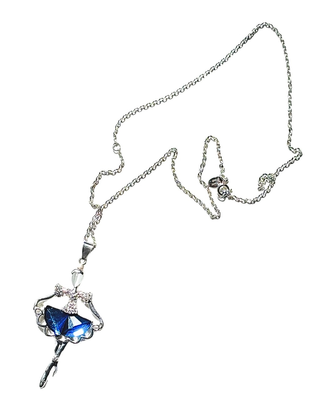 Silver-Tone Ballet Dancer Blue Crystal-Like Pendant Chain Necklace